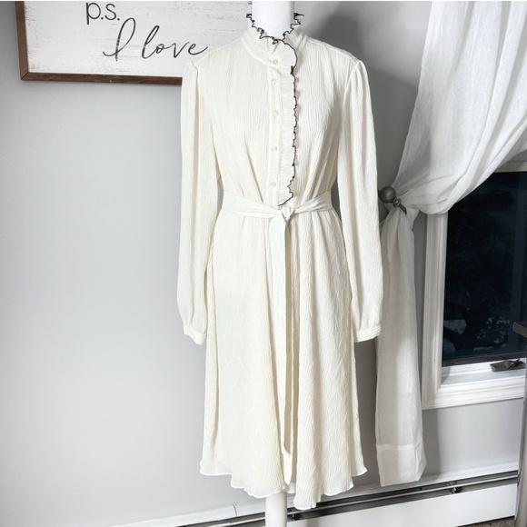 Tory Burch Dress Ivory Belted Long Sleeve Black Piping Detail Shirt Dress Sz 8 - Picture 14 of 14